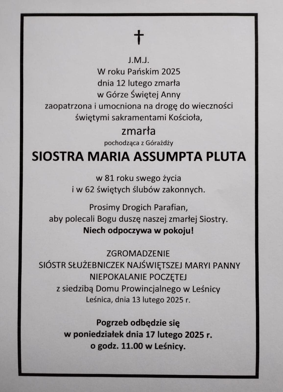 ZMARŁA SIOSTRA ZAKONNA POCHODZĄCA Z GÓRAŻDŻY